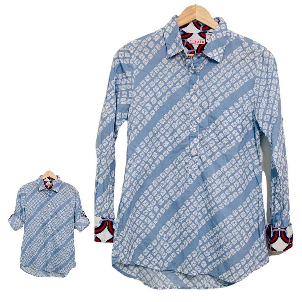 Tizzie Women’s Long Sleeve Button Up Shirt Blue and White Print Size XS
